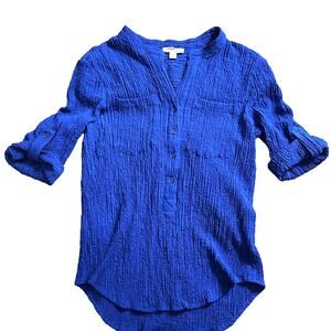 J Bee Women's Blue Blouse Top Gauze Pullover Buttons Pockets 3/4 Sleeve‎ Size M